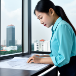 **

"A professional female architect, fully clothed in a modest, stylish office dress, reviewing blueprints on a large desk in a bright, modern Ho Chi Minh City office. Large windows overlook a cityscape featuring recognizable landmarks. Safe for work, appropriate content, perfect anatomy, natural proportions, professional, well-formed hands, proper finger count, family-friendly, high quality."

**